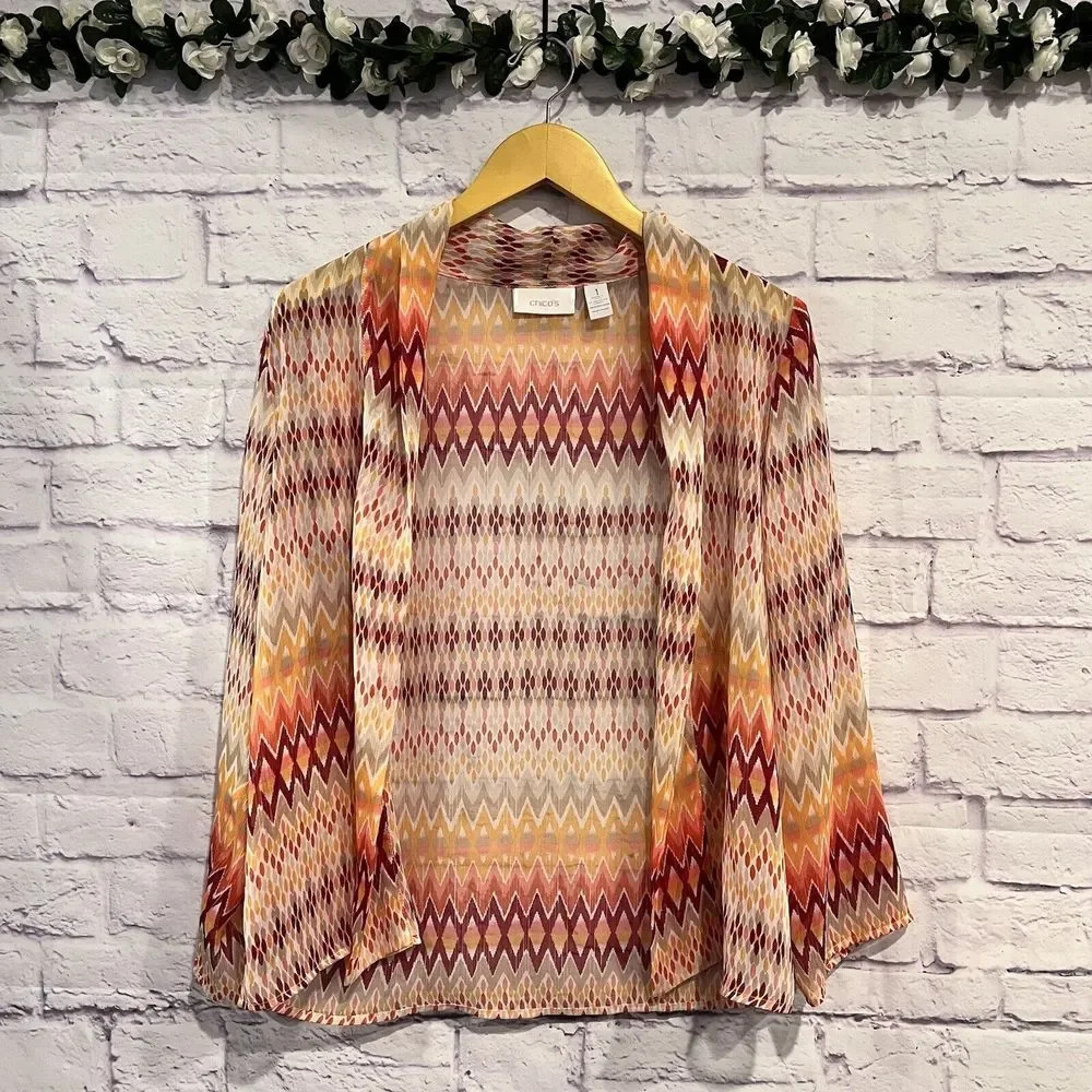 Chico's Womens Open Cardigan Front Orange Boho‎ Tribal Geometric Size 1 Small